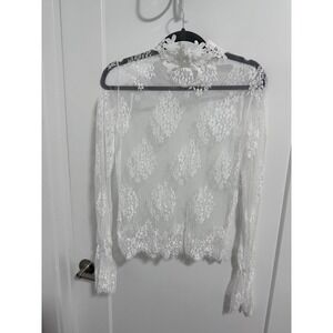 White Lace Mock Neck Long Sleeve Blouse Womens Elegant Romantic‎ Top